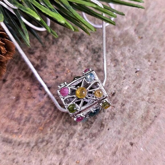 Nature Rainbow Faceted Tourmaline Rectangular Cage Pendant Necklace - Picture 2 of 10